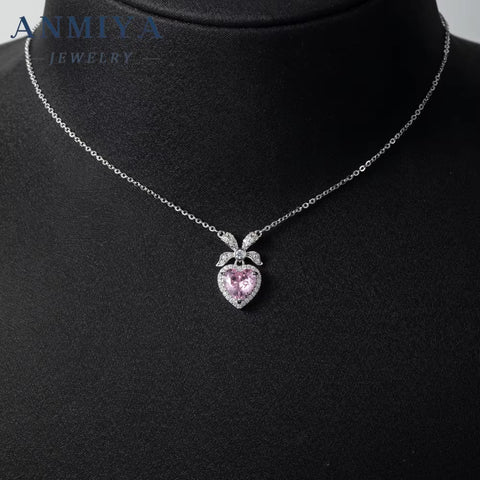 LOVE Heart Shape Pink Fashion Ins 925 Silver Ice Cut Zircon Women Necklace for Girlfriend