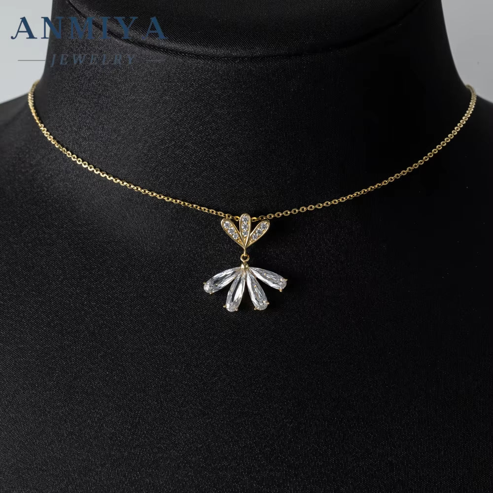 ANMIYA Fine Jewelry Statement Flower Shape Zircon 925 Sterling Silver Shiny Necklace for Women
