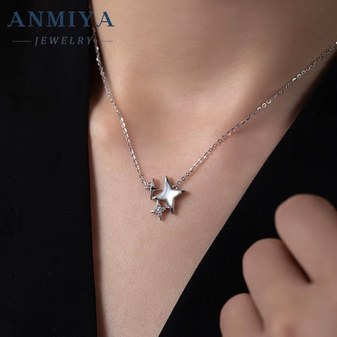 ANMIYA Hot Selling 925 Sterling Silver Four-Pointed Star Pendant Necklace 18K Gold-Plated Simple Trendy Jewelry Necklace