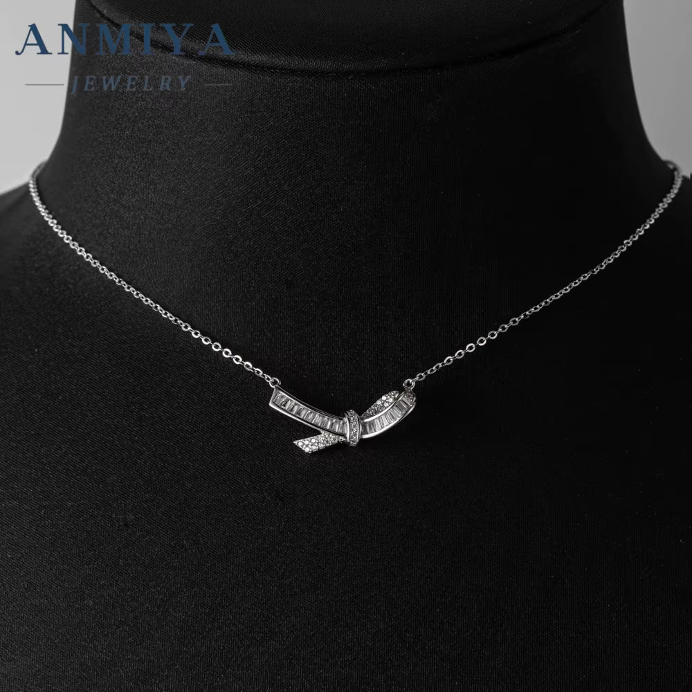 ANMIYA High Quality Original Silver 925 Chain Pendant Real Cubic Zircon Bow Necklace for Women Girls