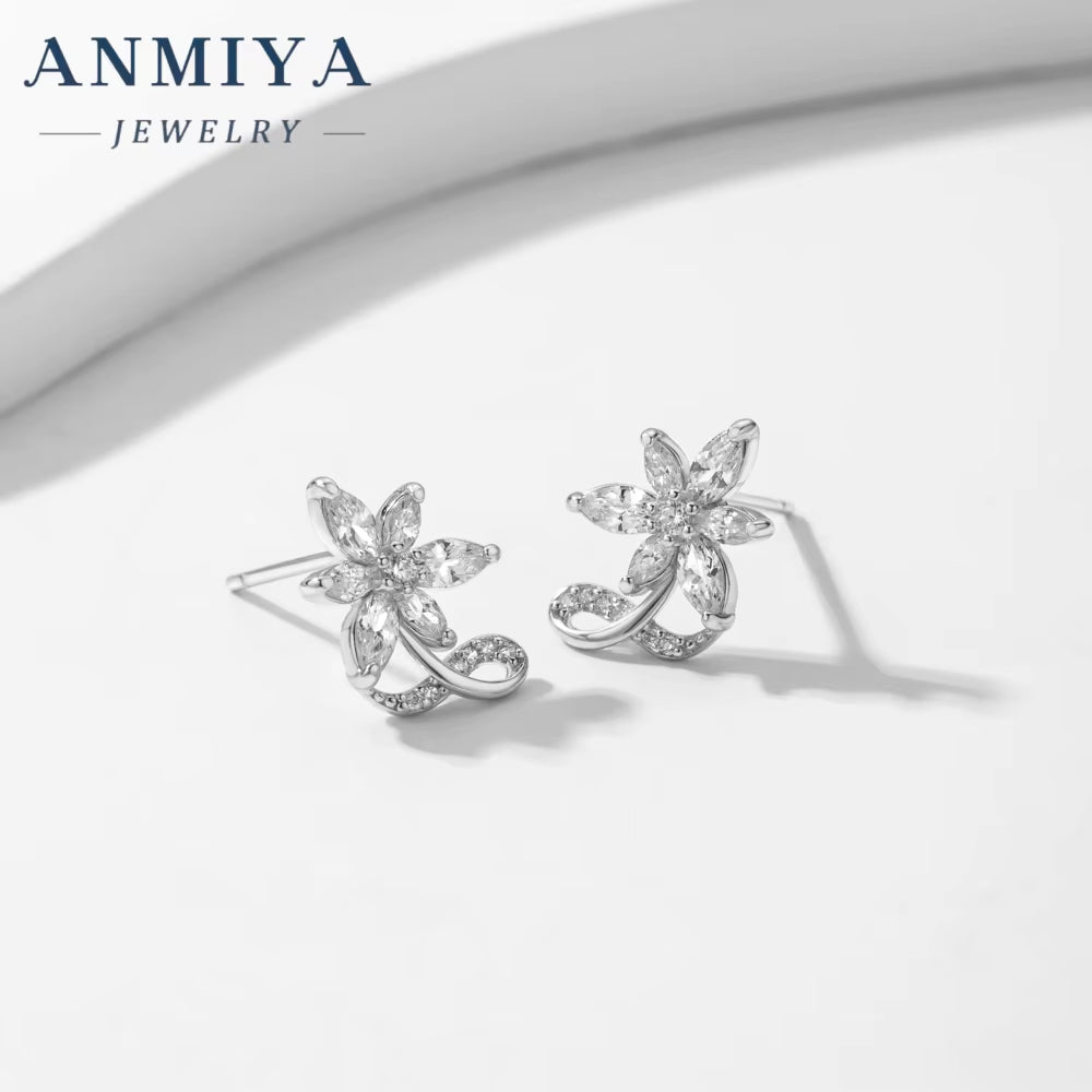 Unique 925 Sterling Silver Jewelry Fashion Flower Stud Earrings with Zircon for Children for Parties and Gifts