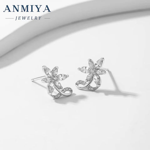 Unique 925 Sterling Silver Jewelry Fashion Flower Stud Earrings with Zircon for Children for Parties and Gifts