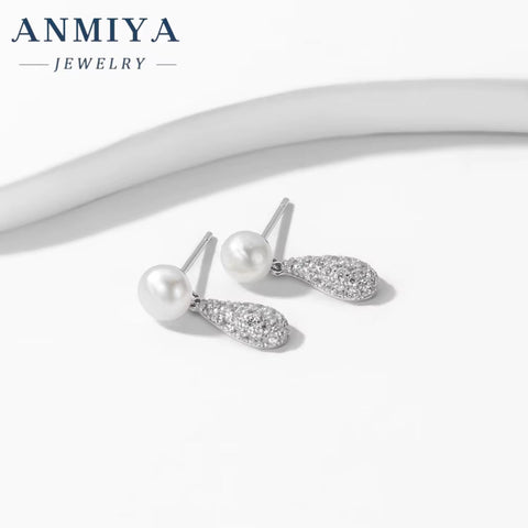 Women Fine Jewelry 925 Sterling Silver Earrings Fresh Water Pearl Zircon Drop Shape Ear Earrings Waterproof