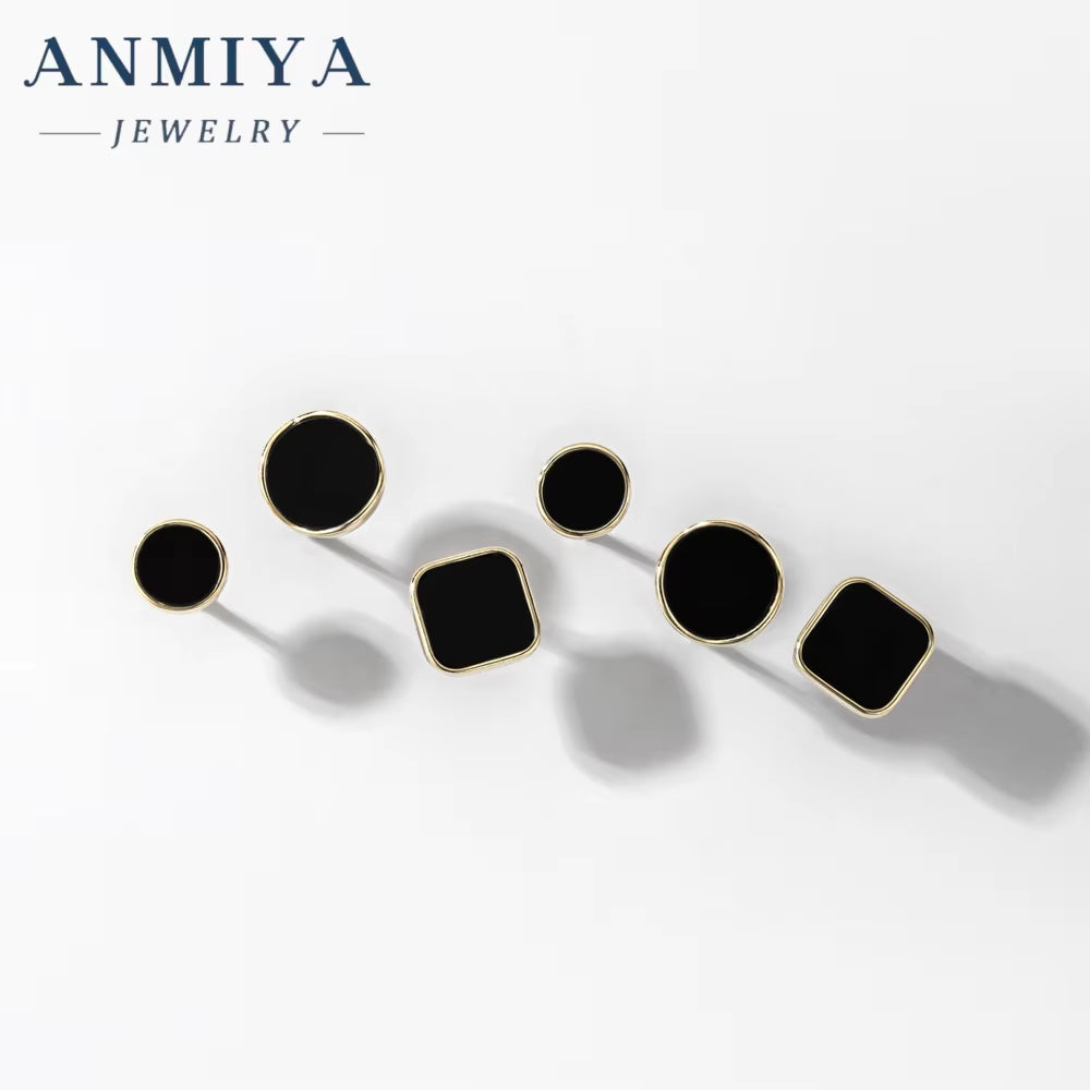 ANMIYA New Tide High Quality Square Shape Black round Silver 925 Gold Stud Earrings Set 3 Pair