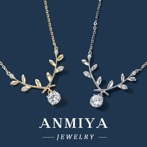 ANMIYA Cubic Zirconia Leaf Shape Women Party Wedding Necklace Set 925 Sterling Silver Dubai Bridal Jewelry