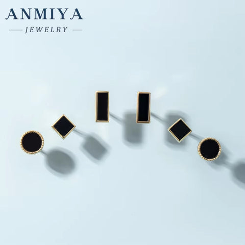 ANMIYA Geometric Shape round Squaer Black 925 Silver Vintage Piercings Stud Earrings 3 Pair for Women