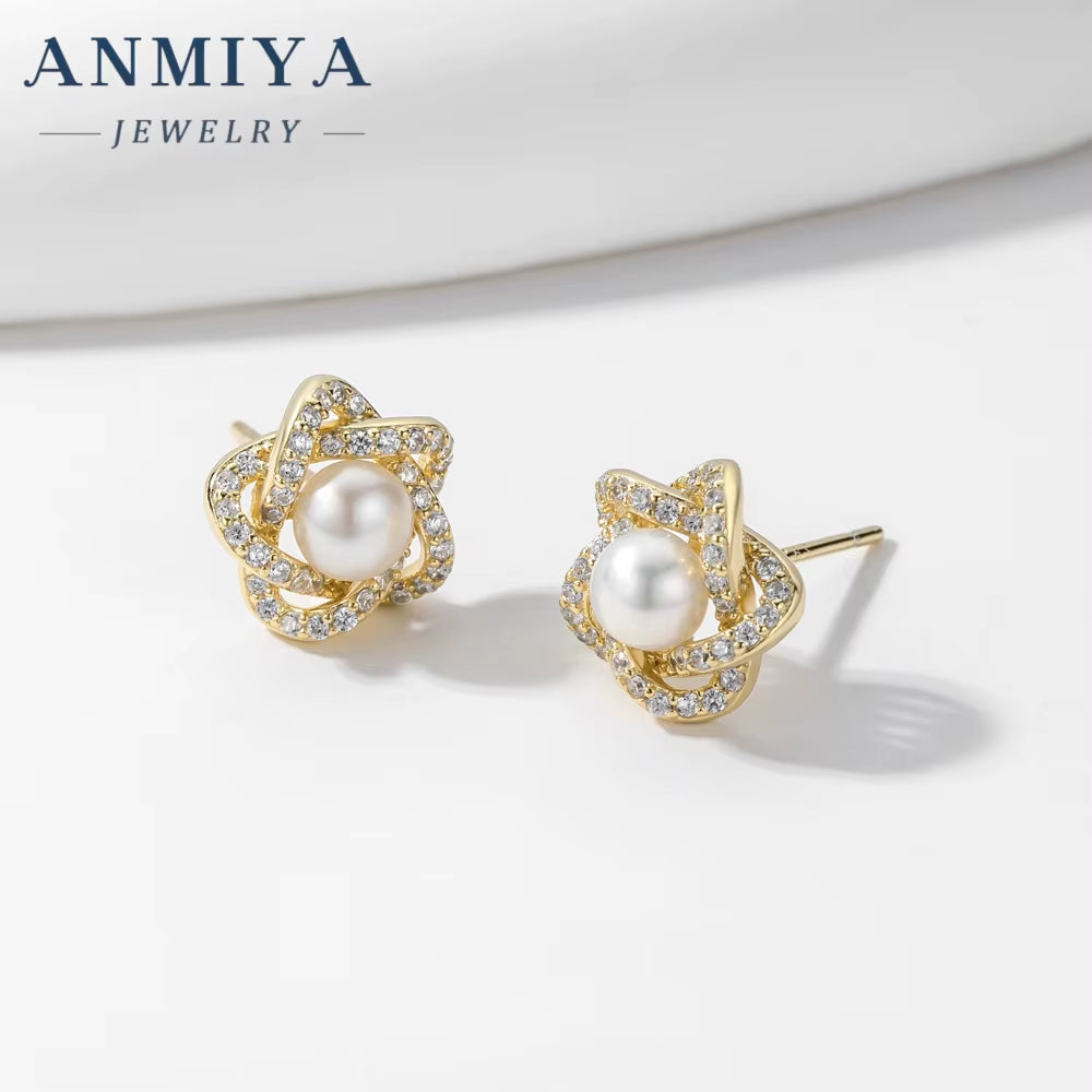 ANMIYA Best Selling High Quality Star Peal 925 Sterling Silver 18K Gold Necklace Earrings Set Hypoallergenic