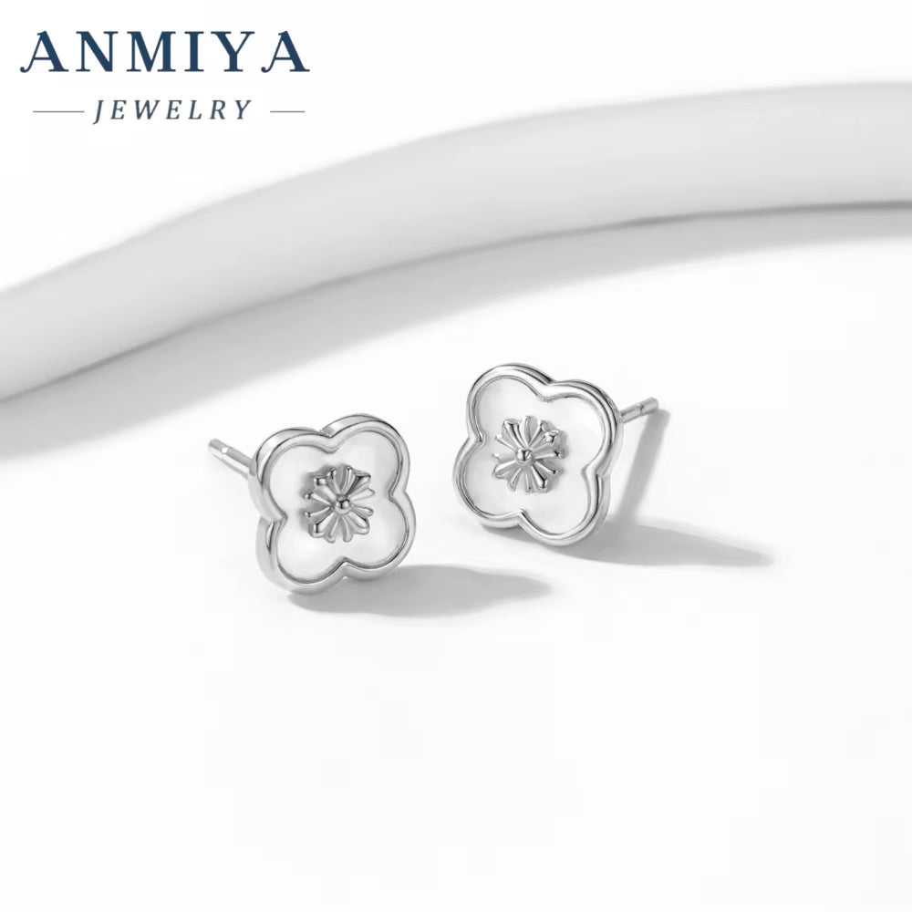 European INS Style Silver Plated Shinny Four Leaf Clover Shell Pearl 925 Silver Zirconia Stud Earrings