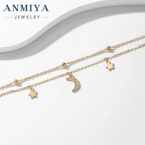 ANMIYA Double Chain Gold Plated Sterling 925 Silver Designer Bracelets Star and Moon Hand Chain for Women Femmes