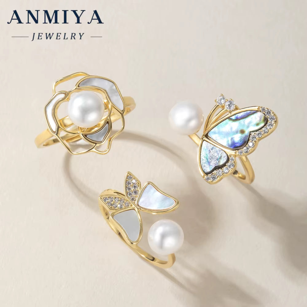 High Quality 925 Sterling Silver Pearl Flower Butterfly Ring New Trendy 18K Gold Plated Women'S Ring Anniversary Gift