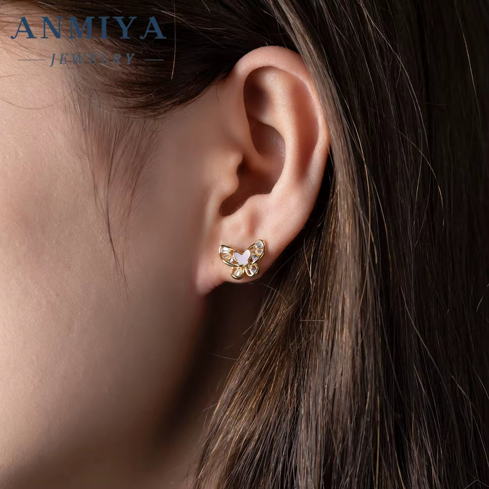 ANMIYA Pink Butterfly Piercing Earrings Silver 925 Pearl Zircon Stud Earrings for Women