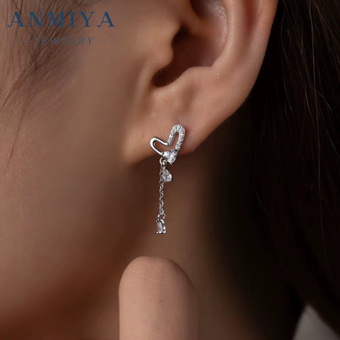 Popular 925 Silver Heart Long Tassel Zircon Rhinestone Earrings Stud Dangle Wedding Women Jewelry Earrings
