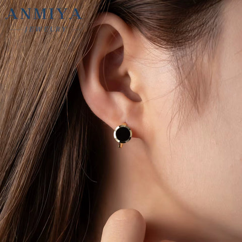 ANMIYA Black round 18K Gold Plated Classic Vintage Fashion Jewelry Hoop Stud for Girl Female Women