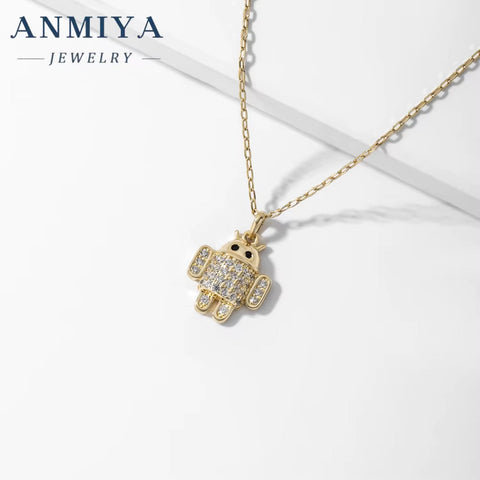 ANMIYA Unisex Accessory Jewelry Sterling 925 Silver Necklace Robot Charm Necklace with Zircon