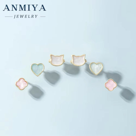 ANMIYA New Collection Cat Heart Four-Leaf Clover Earrings White Shell 925 Silver Pink Blue Zirconia 3Pcs Set Earrings