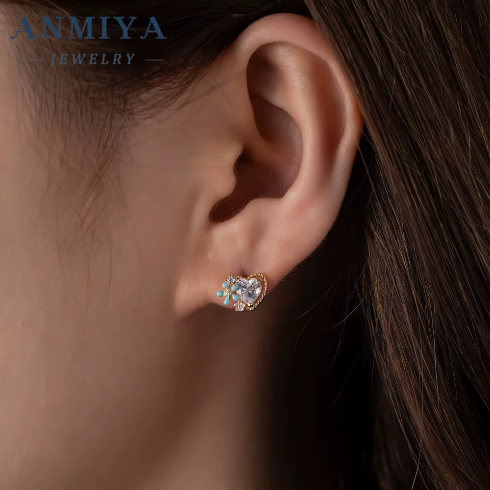 INS Hot Sales Fine Jewelry 925 Sterling Silver Big Zircon Glaring White Blue Flower Cute Girl Earrings
