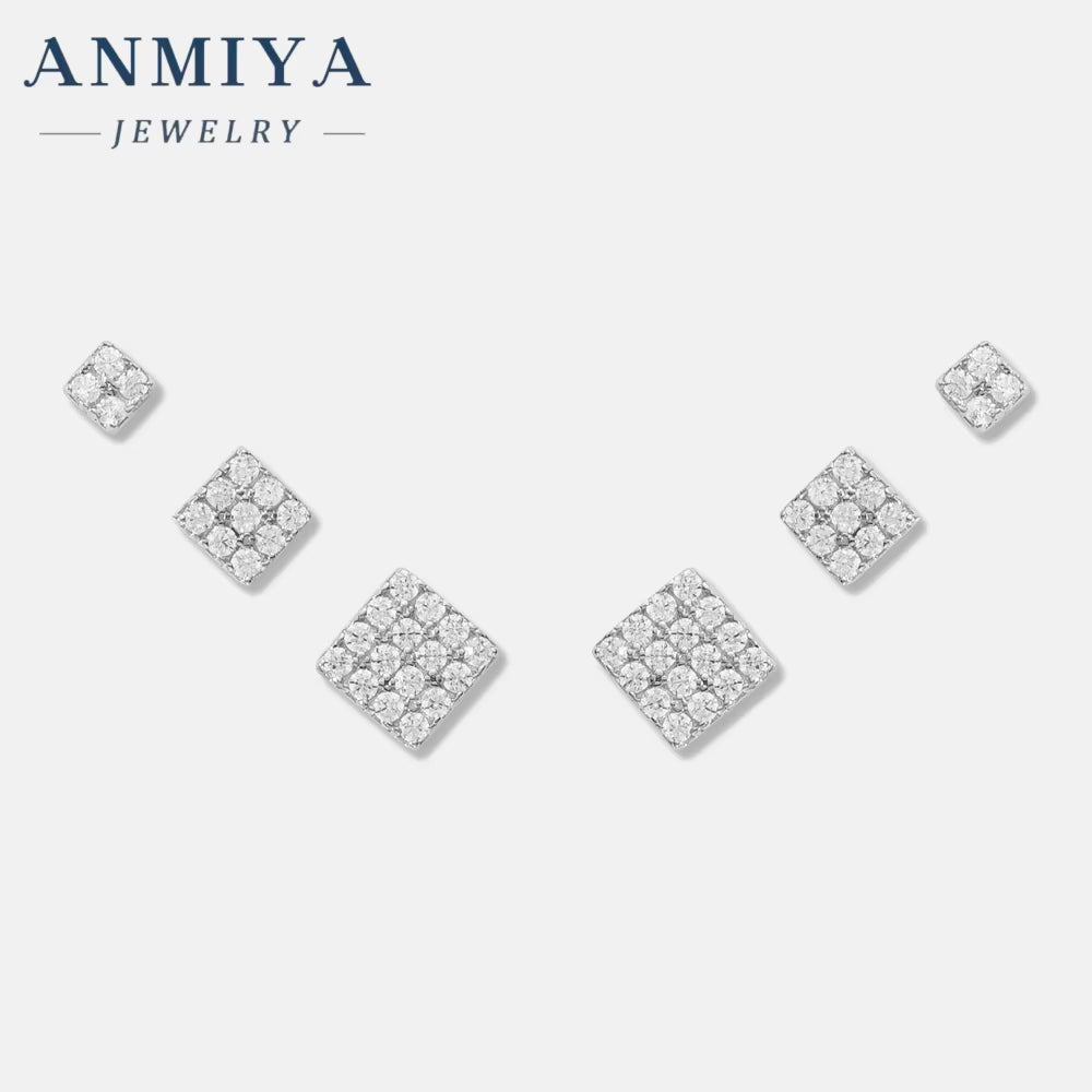 ANMIYA Square Shape Diamond 3PCS Set Stud Earrings Zircon 925 Silver Fine Jewelry Earrings for Women Girl