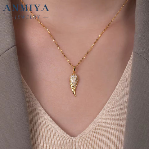 ANMIYA High Class 925 Sterling Silver Necklaces Cubic Zirconia Rhodium Plated Angel Wing Feather Necklace