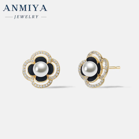 ANMIAY 18K Gold 4 Leaf Clover Flower Stud Classic Earrings Real Leaf Earrings Clover Stud 18K Gold 925 Silver Leaf Stud Earrings