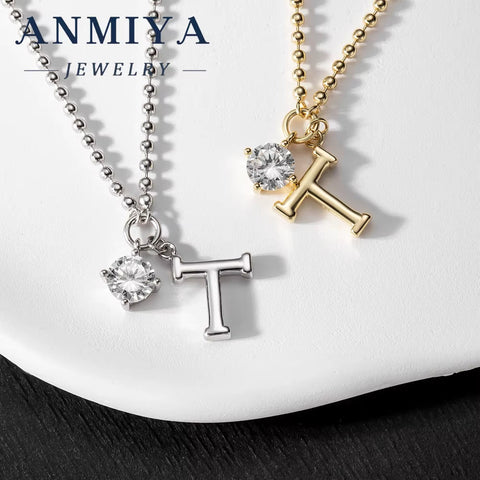 ANMIYA Wholesale 925 Sterling Silver T Letter Pendant Necklace with Zircon & Gold Plating for Women