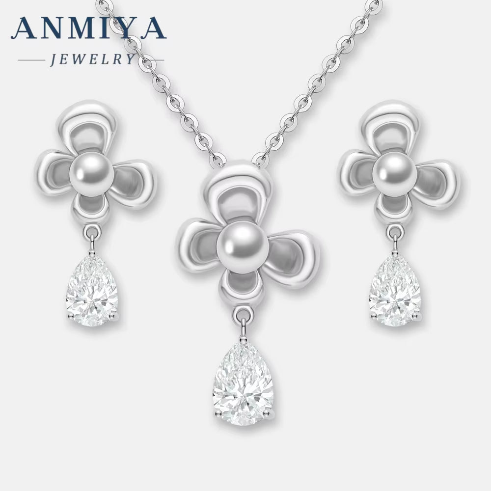 Hot Sale Fashion Jewellery Necklace Earrings Set Inlaid Zirconia Pearl Flower 925 Silver Stud Earrings Necklace for Women