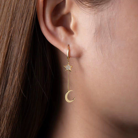 Top Selling 18K Gold Plated 925 Sterling Silver Earrings Fine Moon Star Dangle Pave Zircon Hoop Tassel Link Chain