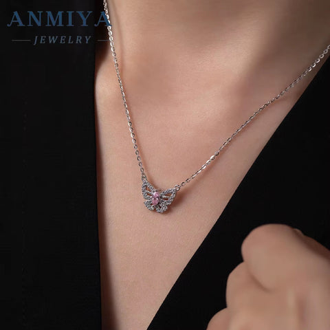 ANMIYA Best Selling Trendy Diamond Necklace 925 Sterling Silver Gifts Women Pink Zirconia Butterfly Necklace