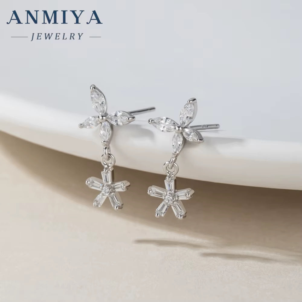 Fashion Jewelry 925 Sterling Silver Flower Earrings Zircon Diamond Dangling Earrings 925 Silver Stud Earrings Women