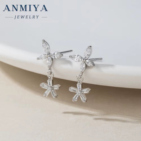 Fashion Jewelry 925 Sterling Silver Flower Earrings Zircon Diamond Dangling Earrings 925 Silver Stud Earrings Women