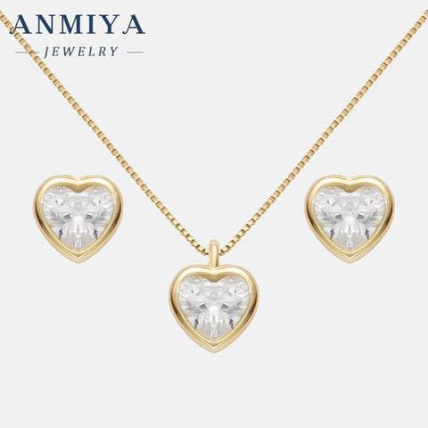 ANMIYA Luxury 2024 Fashion New 925 Silver Charm Necklace Heart Zircon Stone Earrings Necklace Set for Women
