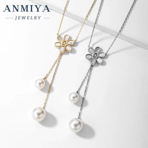 ANMIYA Women'S Long Tassel Pearl Zircon Flower Necklace Silver Plated 925 Silver Chain Style for Wedding Engagement