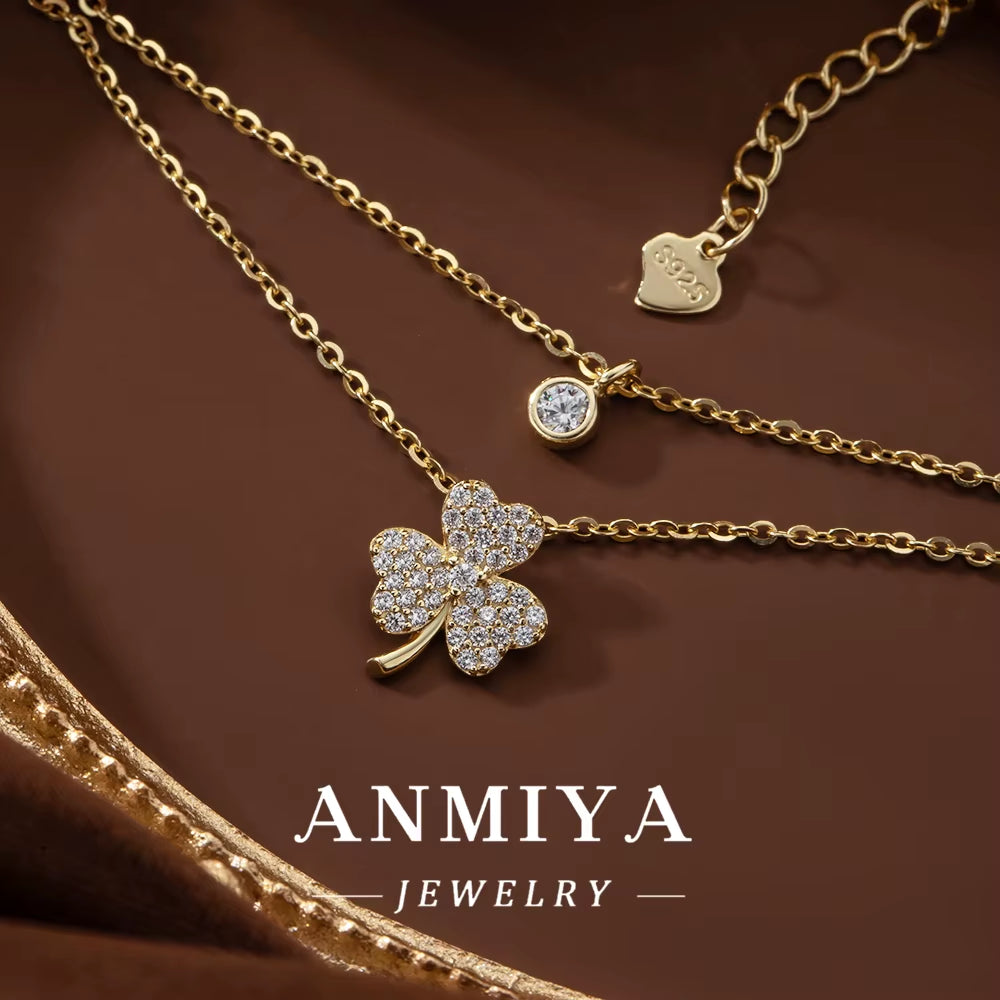 Double Layer Clover Set Chain Gold Glitter Diamond Zircon Collarbone Chain Temperament Necklace Women'S Japanese and Korean