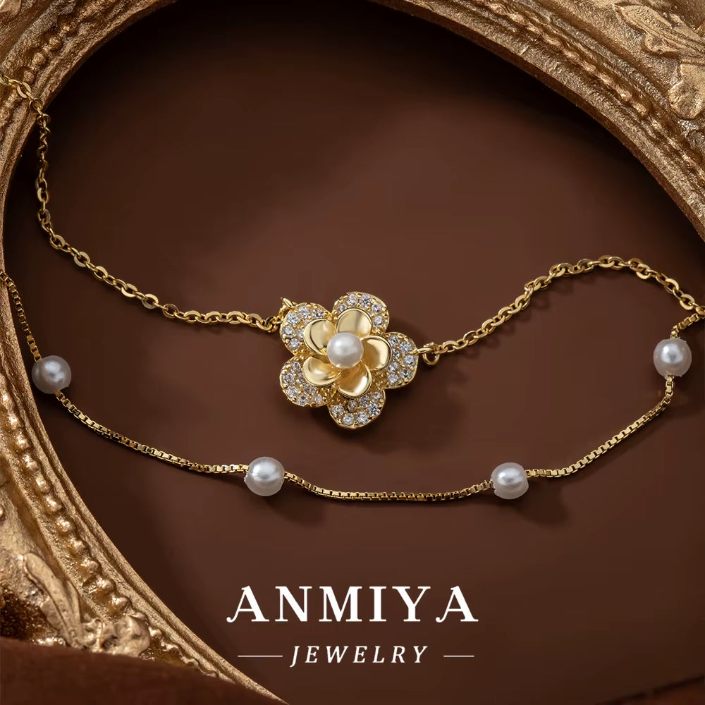 ANMIYA Fashion 18K Gold Plated 925 Sterling Silver Double Layer Flower Pearl Pendant Necklace Women