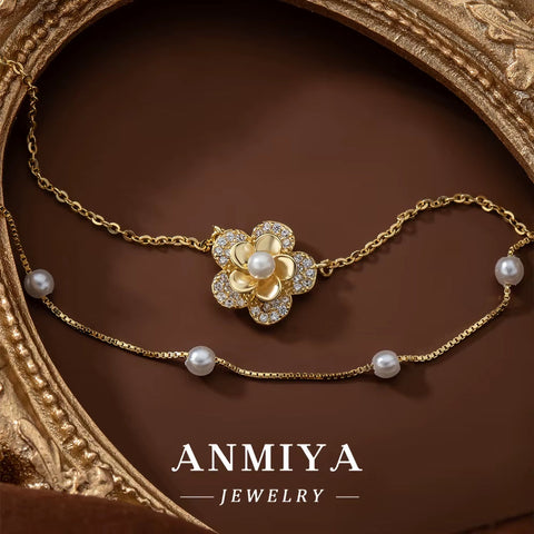 ANMIYA Fashion 18K Gold Plated 925 Sterling Silver Double Layer Flower Pearl Pendant Necklace Women