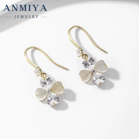 925 Sterling Silver Four Leaf Clover Zircon Fresh Water Pearls Hook Earrings Classic Vintage Fashion Earrings for Women