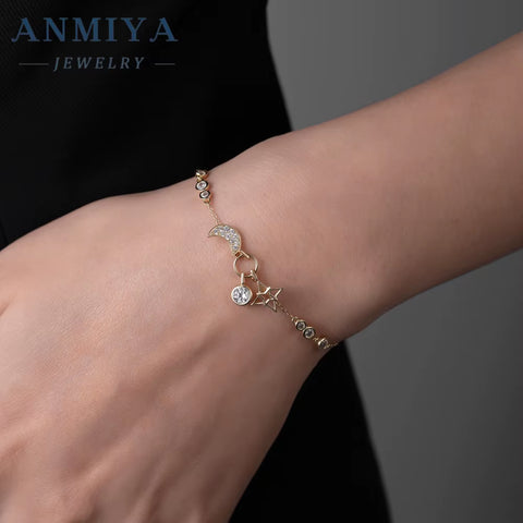 ANMIYA 925 Sterling Silver Moon Star Zircon Hand Chain Bracelet Trendy Unisex Jewelry Women Factory Wholesale Perfect Gift Idea