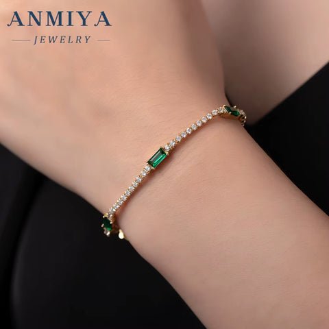 ANMIYA Green Zircon Bracelets Set Rhinestone Trendy Jewelry 925 Silver 18K Gold Bracelets for Women