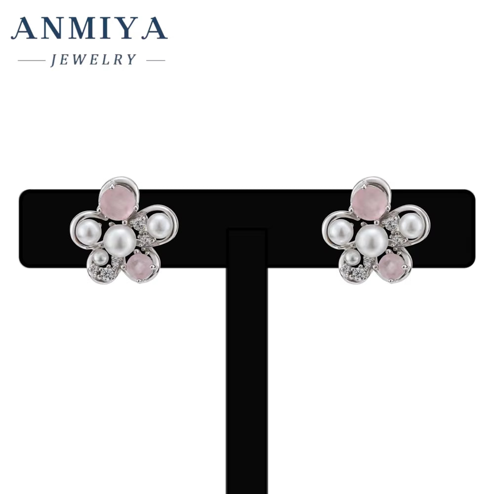 ANMIYA 925 Sterling Silver Zircon Pearl Flower Stud Earrings Cute Studs Rhodium Plated Fine Jewelry for Girl