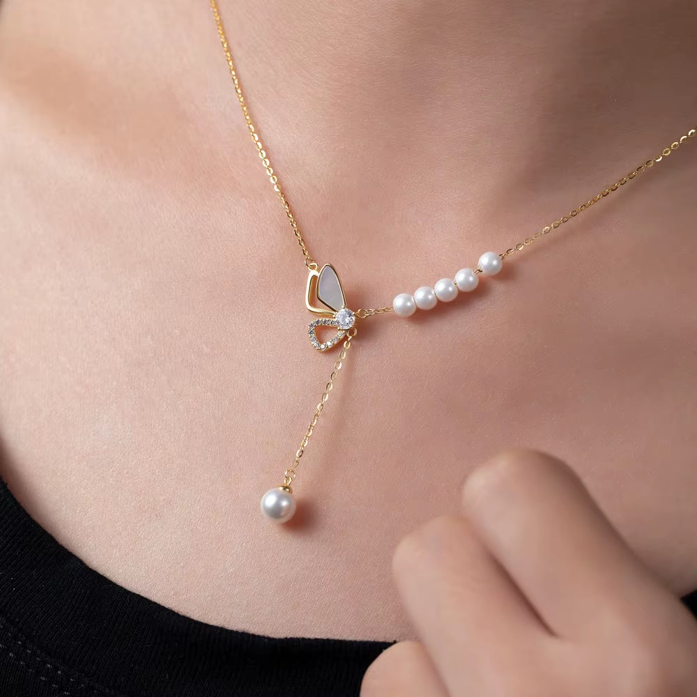 ANMIYA Butterfly Pearl 18K Gold Plated Fine Jewelry Fashion 925 Sterling Silver Charm Accessories Vintage Women'S Necklace