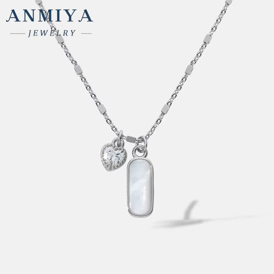 ANMIYA Rectangle White Shell Heart Pink Zircon 925 Silver Valentine'S Day Gift Charm Necklace for Women