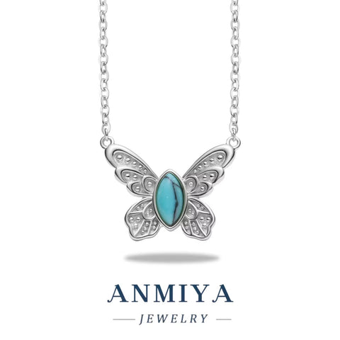 ANMIYA Women'S Trendy 925 Sterling Silver Butterfly Necklace 18K Gold Link Chain with Zircon and Turquoise Stone
