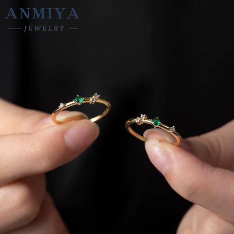 ANMIYA Waterproof Fashion 925 Sterling Silver Bling Green Cubic Zirconia Ring 18K Gold Plated Charm Jewelry