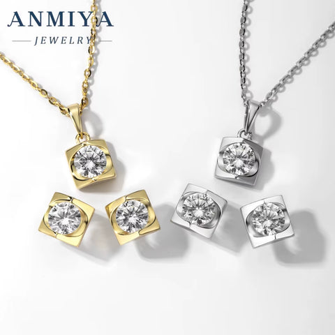 ANMIYA 2024 Women'S High Quality 925 Silver Square Zircon Pendant Necklace and Crystal Earrings Set for Wedding