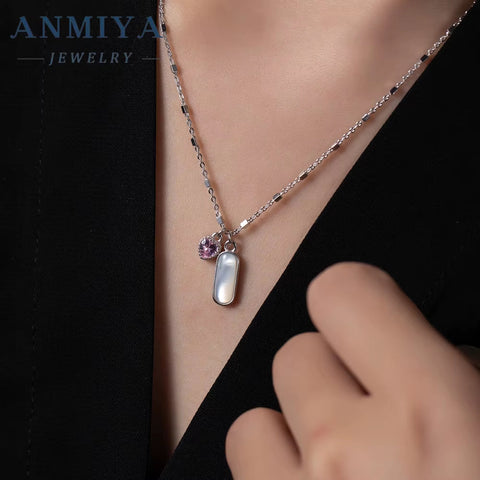 ANMIYA Rectangle White Shell Heart Pink Zircon 925 Silver Valentine'S Day Gift Charm Necklace for Women