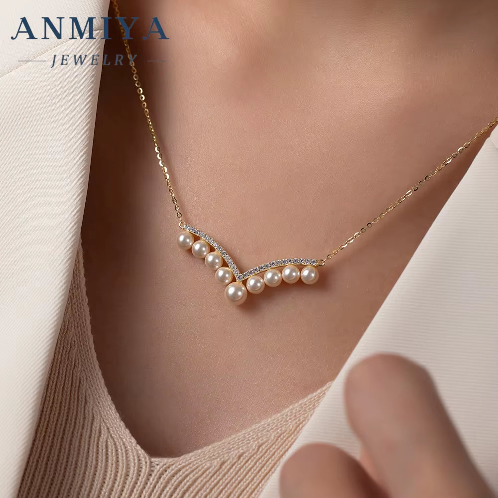 ANMIYA One-Line Shape Fresh Water Pearl Vintage Inoxidable 925 Silver 18K Collarbone Necklace