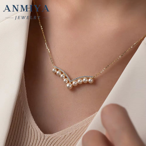 ANMIYA One-Line Shape Fresh Water Pearl Vintage Inoxidable 925 Silver 18K Collarbone Necklace