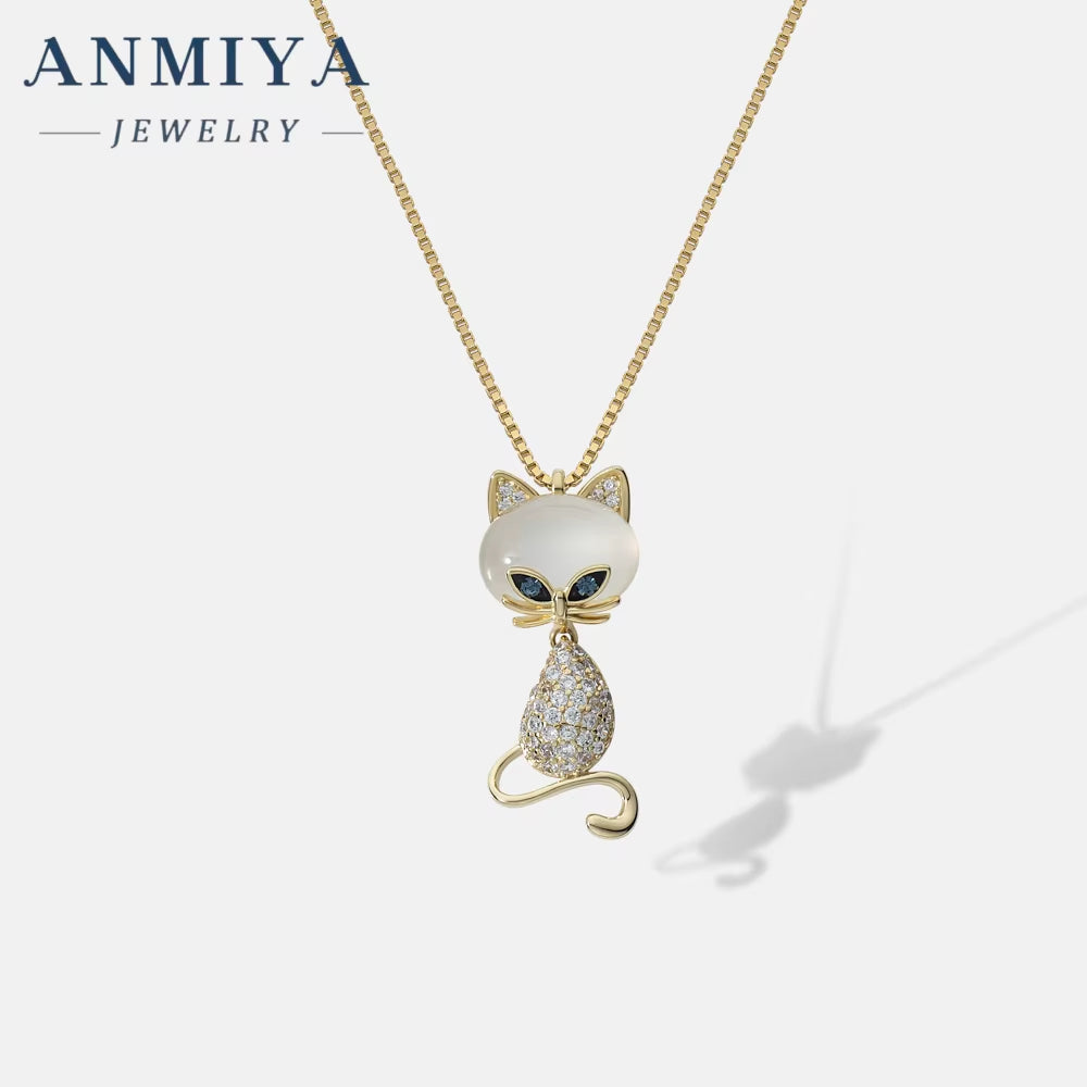 ANMIYA New Design 18K Gold Plated Cat Shape Diamond Zircon Necklace Jewelry Chain for Women Real Gold