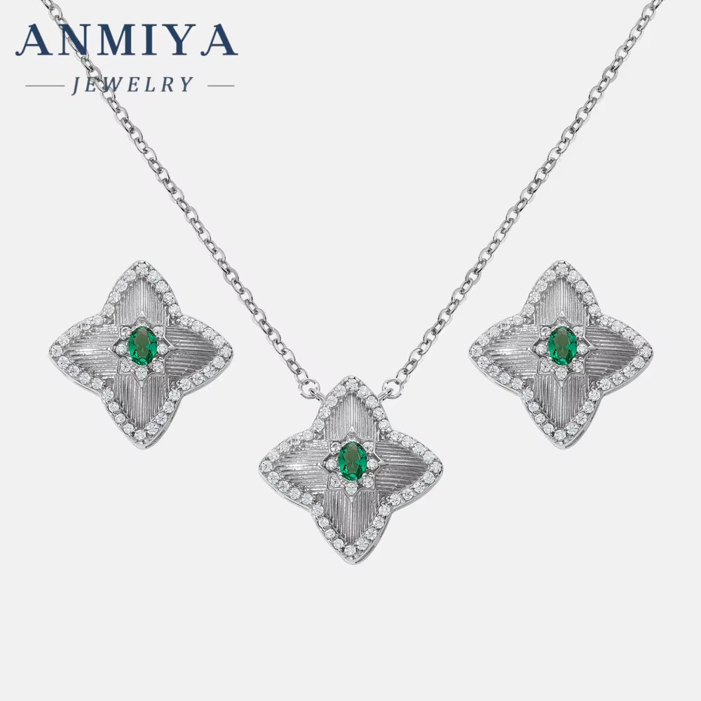 Hot Sell Women'S 925 Silver Flower Zircon Pendant 18K Gold Earring Necklace Jewelry Set