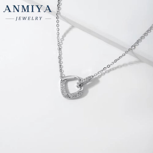 ANMIYA Geometric Square Hollow Zircon Stone 925 Silver Shine Sterling Silver 18K Gold Fashion Jewelry Girls Necklaces