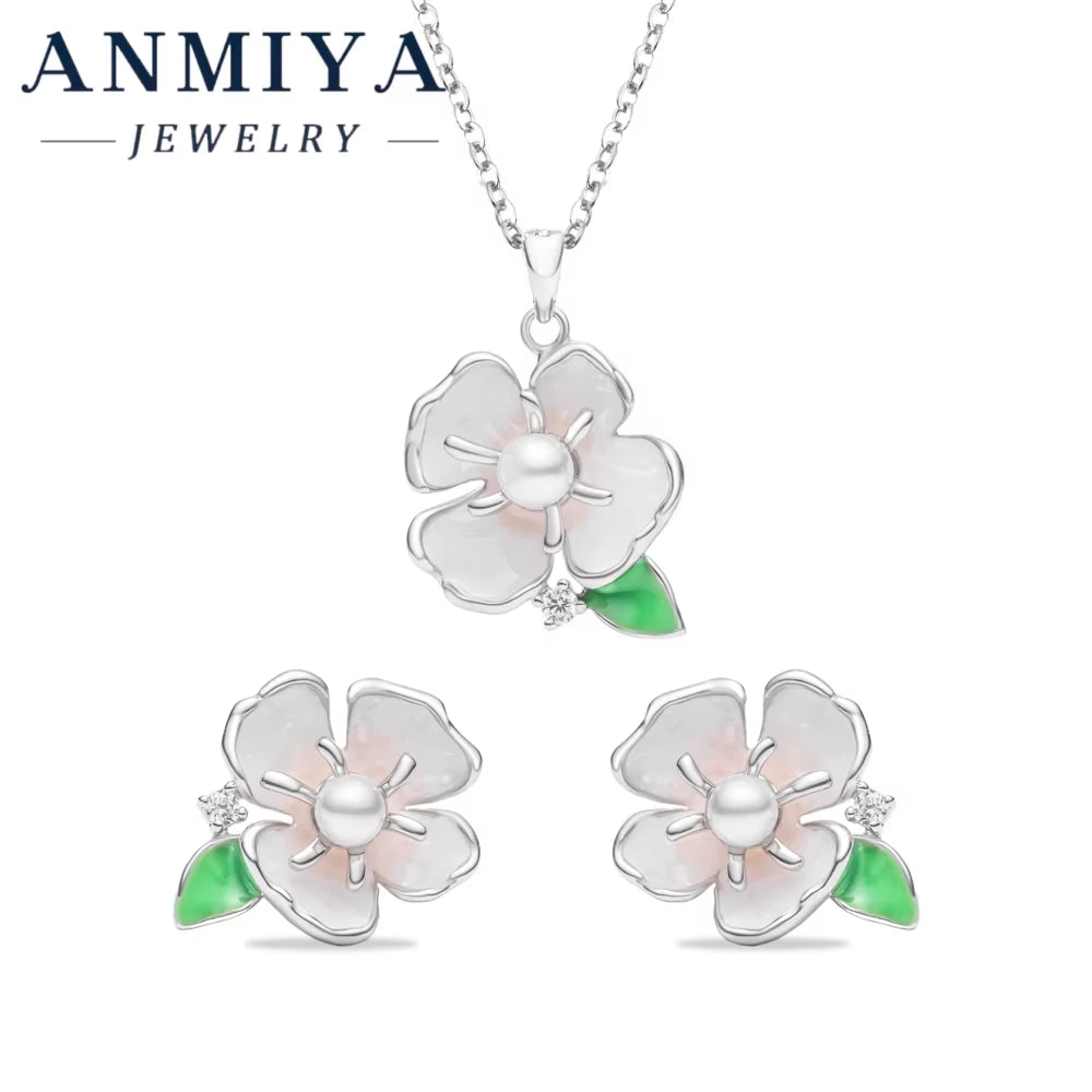 Elegant Silver 925 Jewelry Set Necklace and Stud Earring Featuring Enamel Flower Centered Pearl Inlay for Women Daily Wear